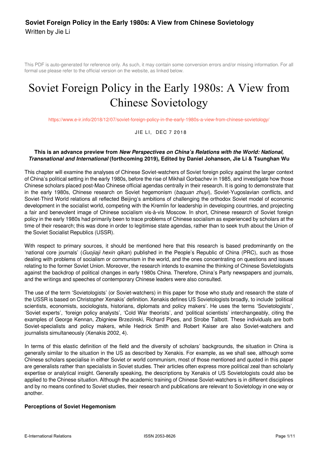 Soviet Foreign Policy in the Early 1980S: a View from Chinese Sovietology Written by Jie Li