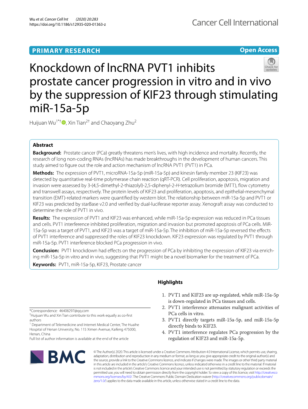 Knockdown of Lncrna PVT1 Inhibits Prostate Cancer Progression in Vitro