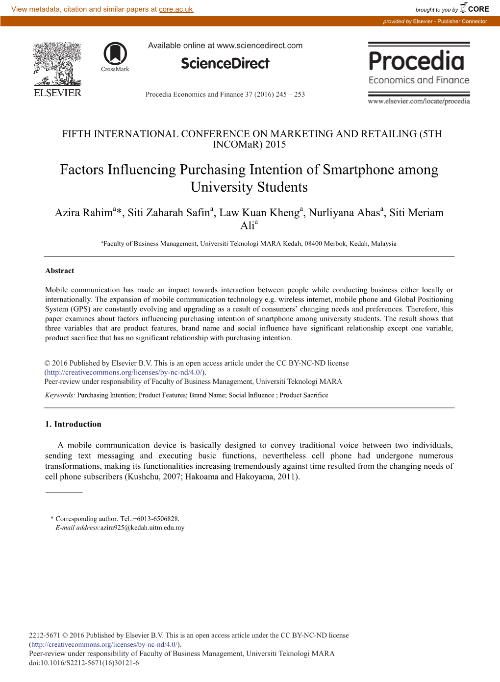 Factors Influencing Purchasing Intention of Smartphone Among University Students