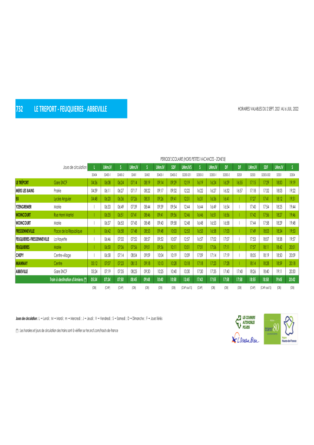 732 Le Treport - Feuquieres - Abbeville Horaires Valables Du 2 Sept