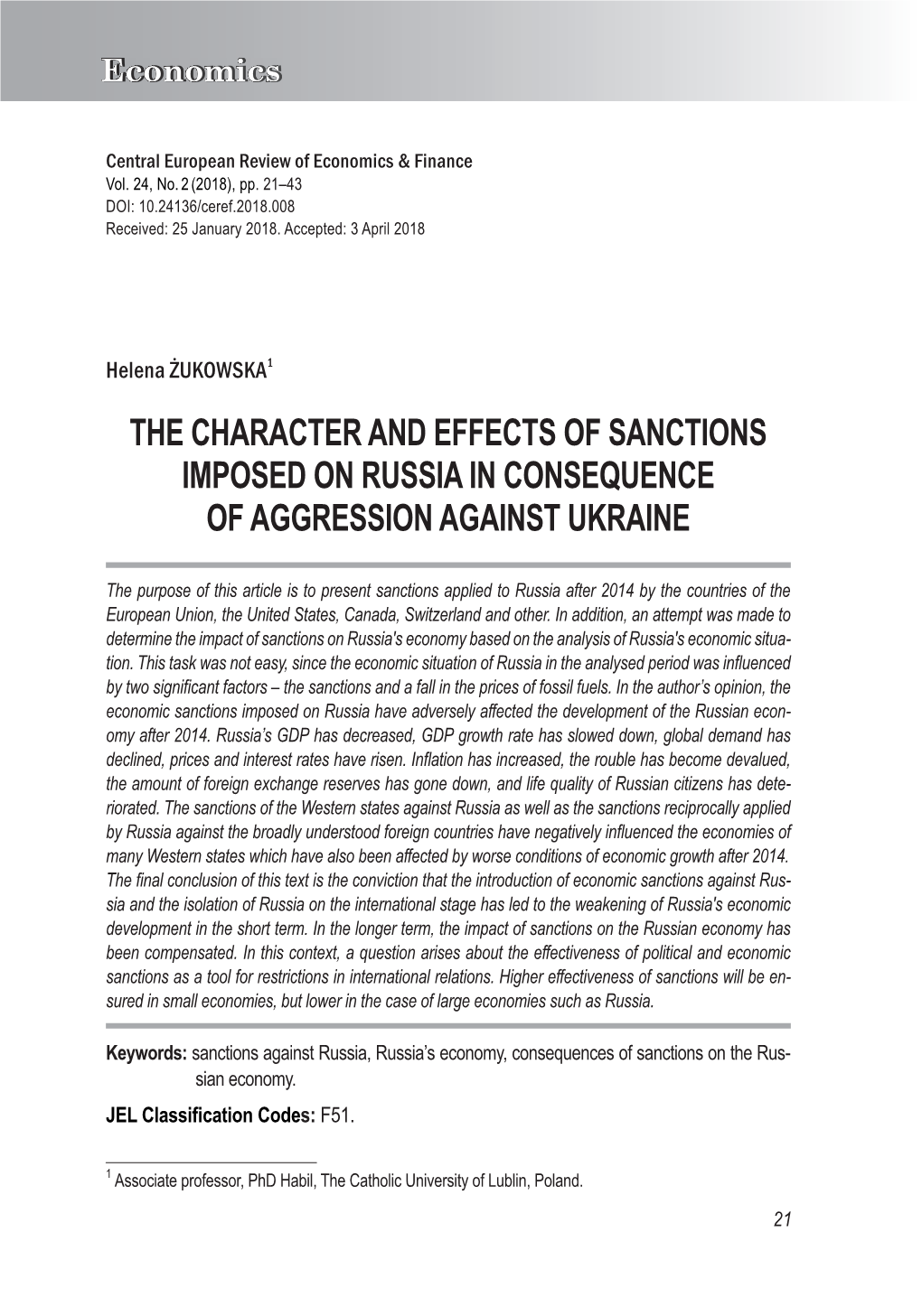 The Character and Effects of Sanctions Imposed on Russia in Consequence of Aggression Against Ukraine