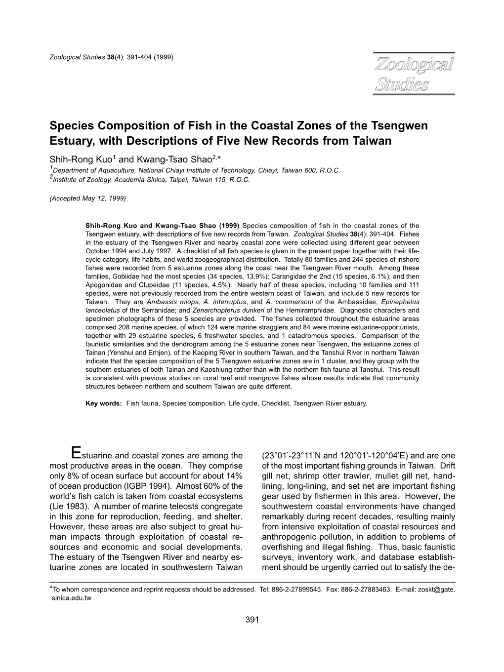 Species Composition of Fish in the Coastal Zones of the Tsengwen