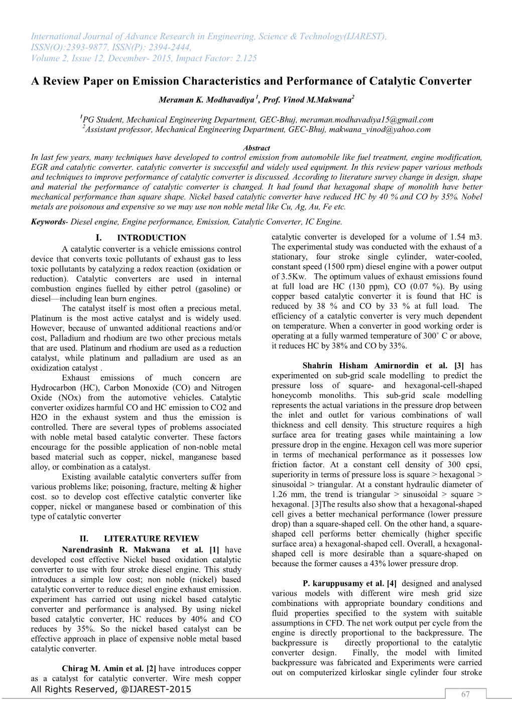 A Review Paper on Emission Characteristics and Performance of Catalytic Converter Meraman K