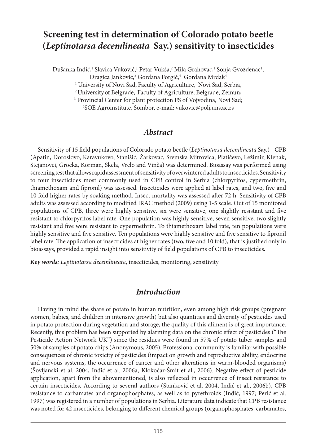 Screening Test in Determination of Colorado Potato Beetle (Leptinotarsa Decemlineata Say.) Sensitivity to Insecticides