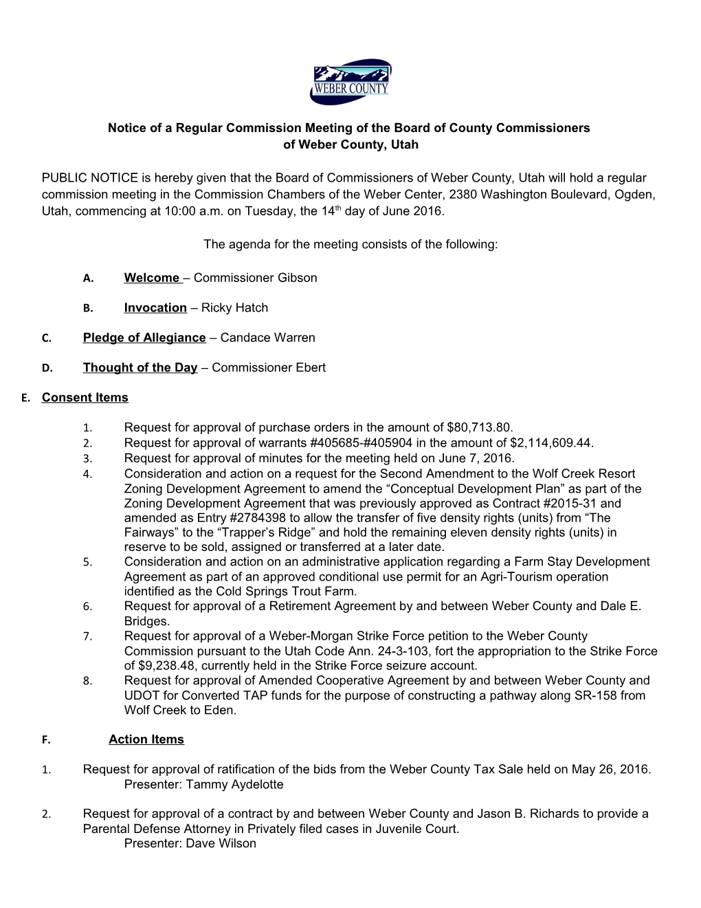 Notice of a Regular Commission Meeting of the Board of County Commissioners