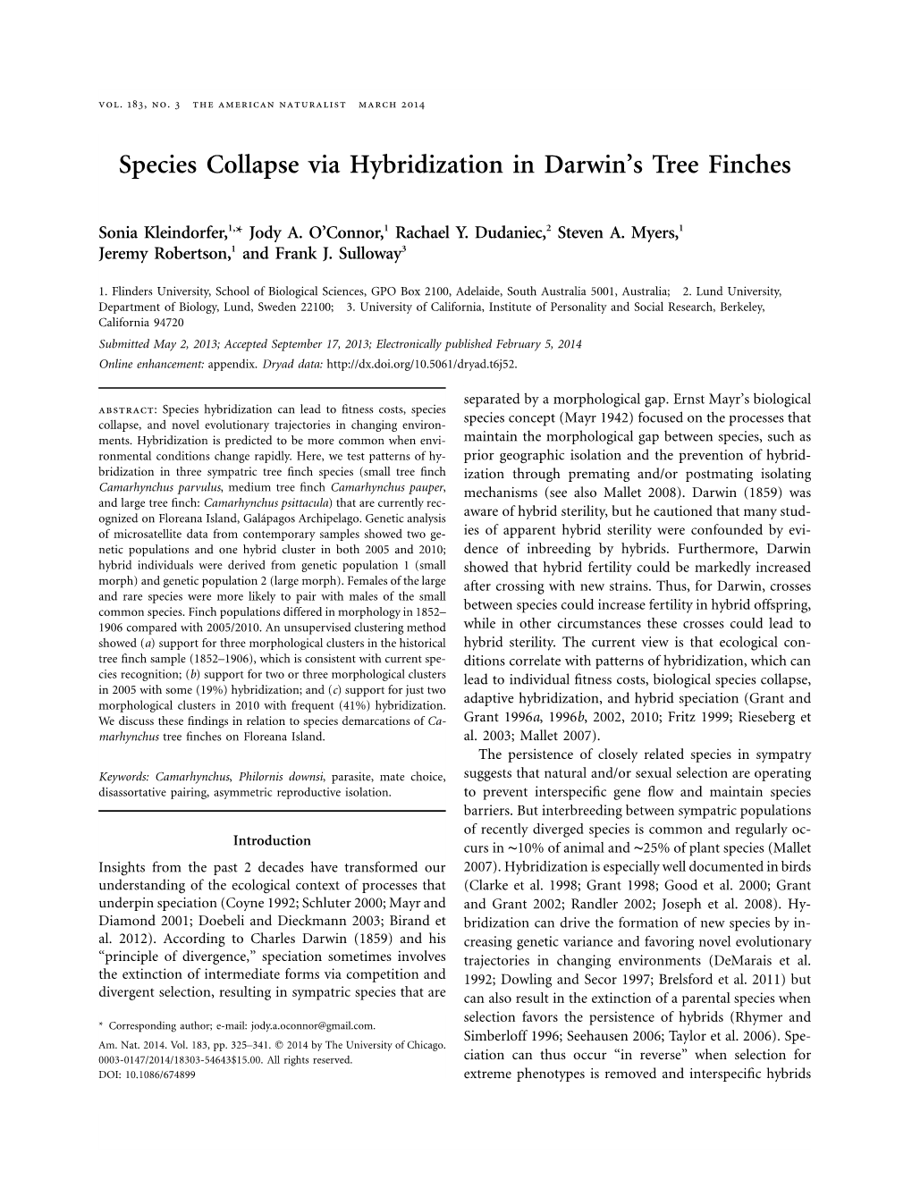 Species Collapse Via Hybridization in Darwin's Tree Finches