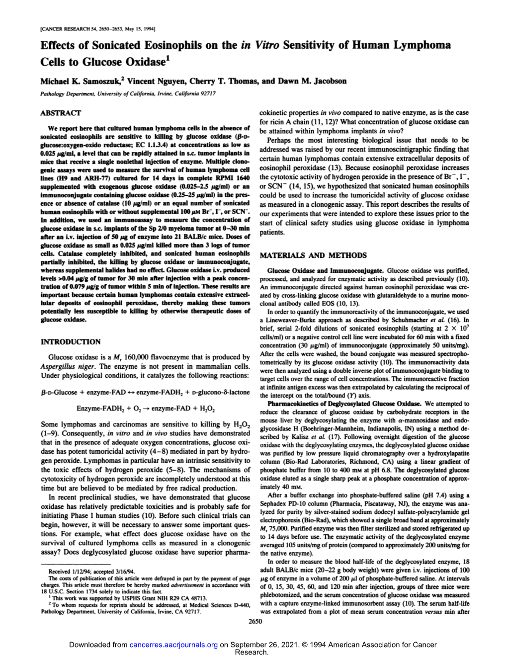 Effects of Sonicated Eosinophils on the in Vitro Sensitivity of Human Lymphoma Cells to Glucose Oxidase'