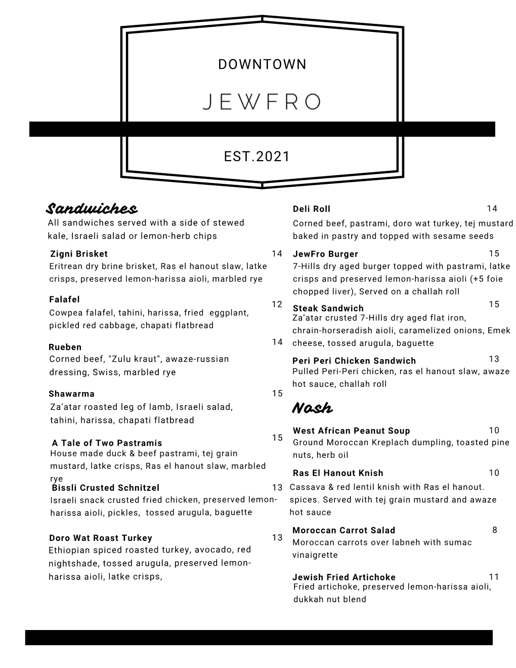 Jewfro Lunch Menu