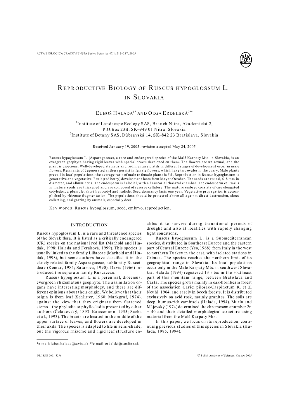 Reproductive Biology of Ruscus Hypoglossum L. in Slovakia