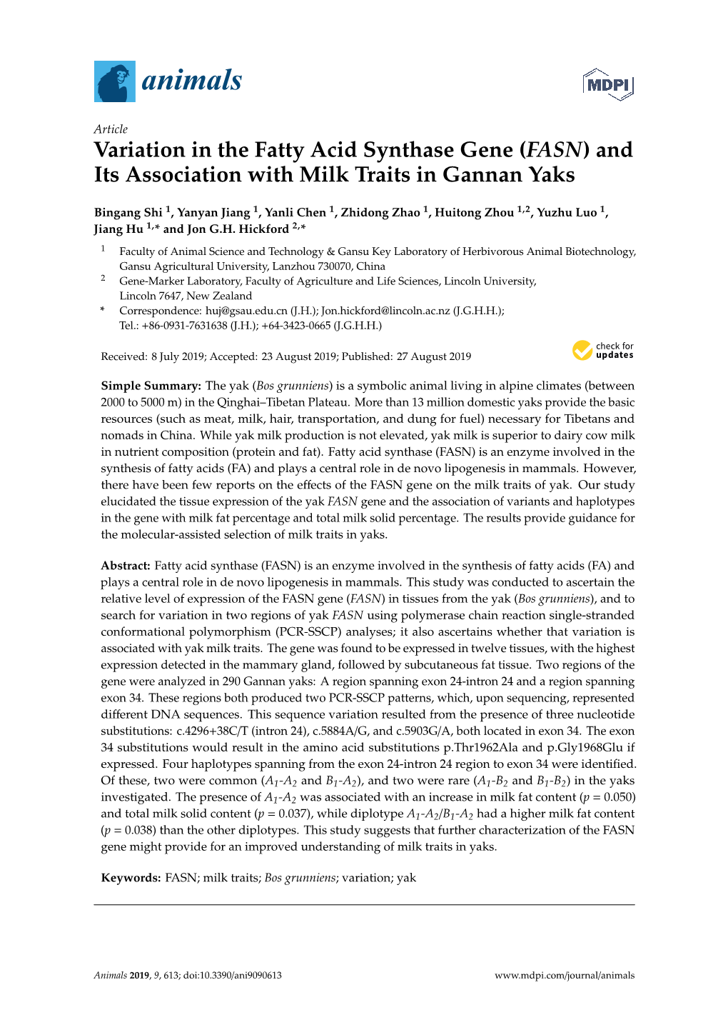 Variation in the Fatty Acid Synthase Gene (FASN) and Its Association with Milk Traits in Gannan Yaks