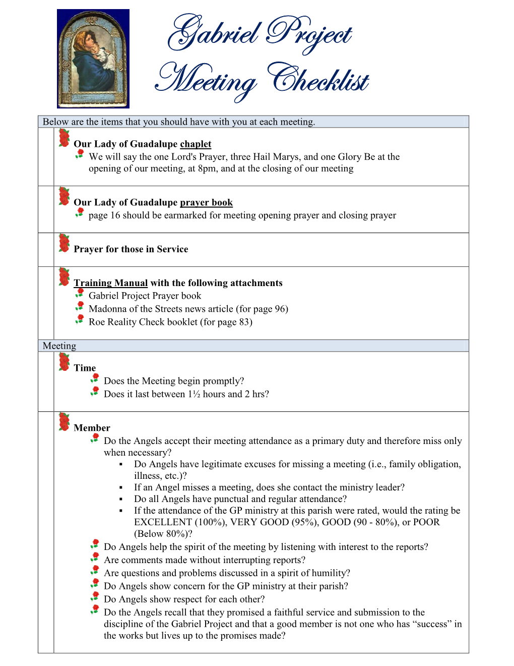 Gabriel Project Meeting Checklist