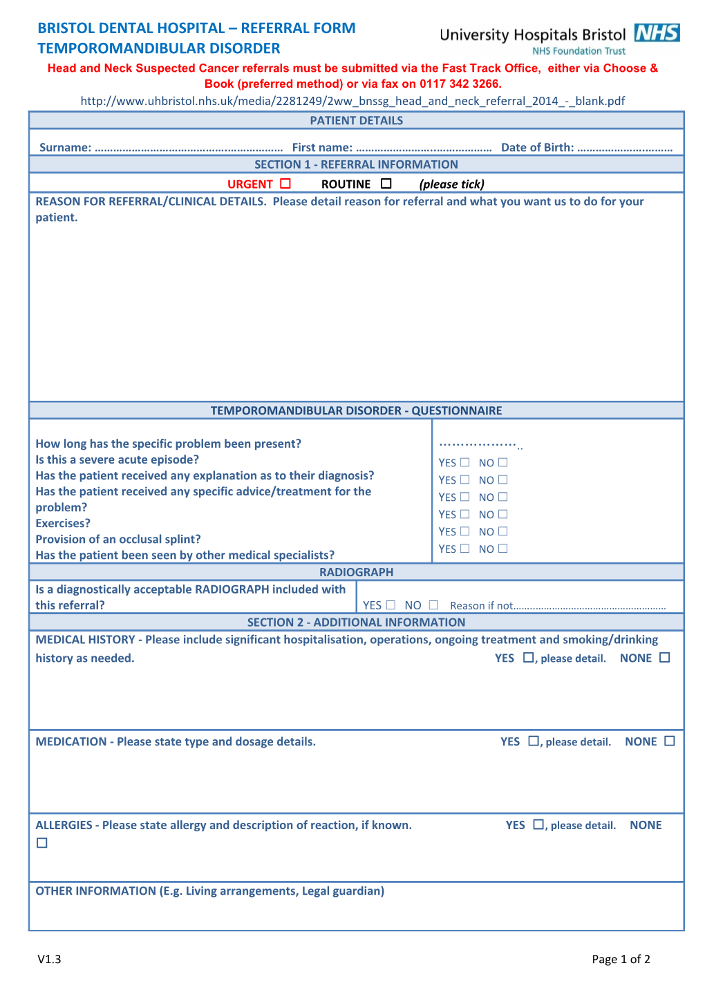 University of Bristol Dental Hospital E-Referral For