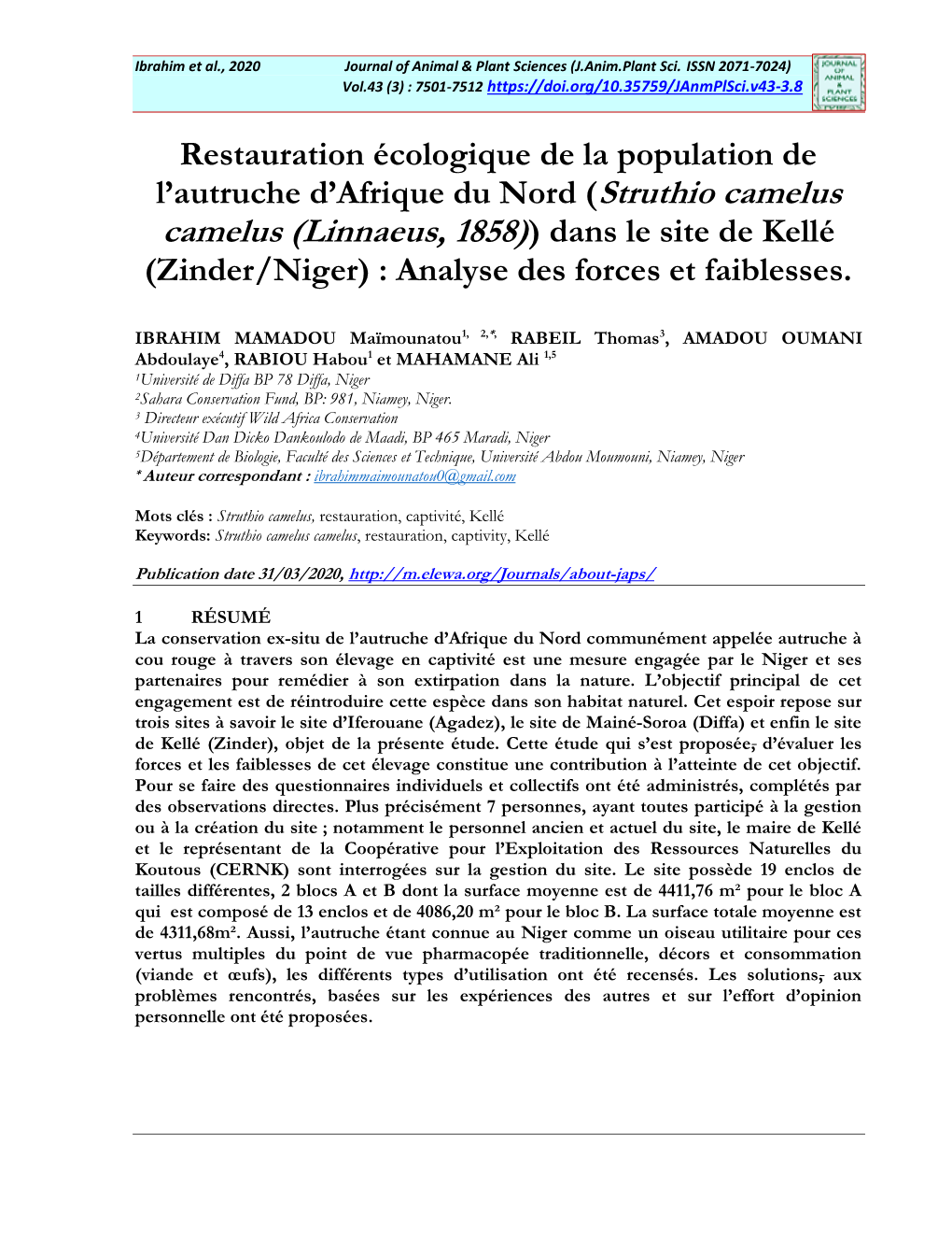 Camelus (Linnaeus, 1858)) Dans Le Site De Kellé (Zinder/Niger) : Analyse Des Forces Et Faiblesses