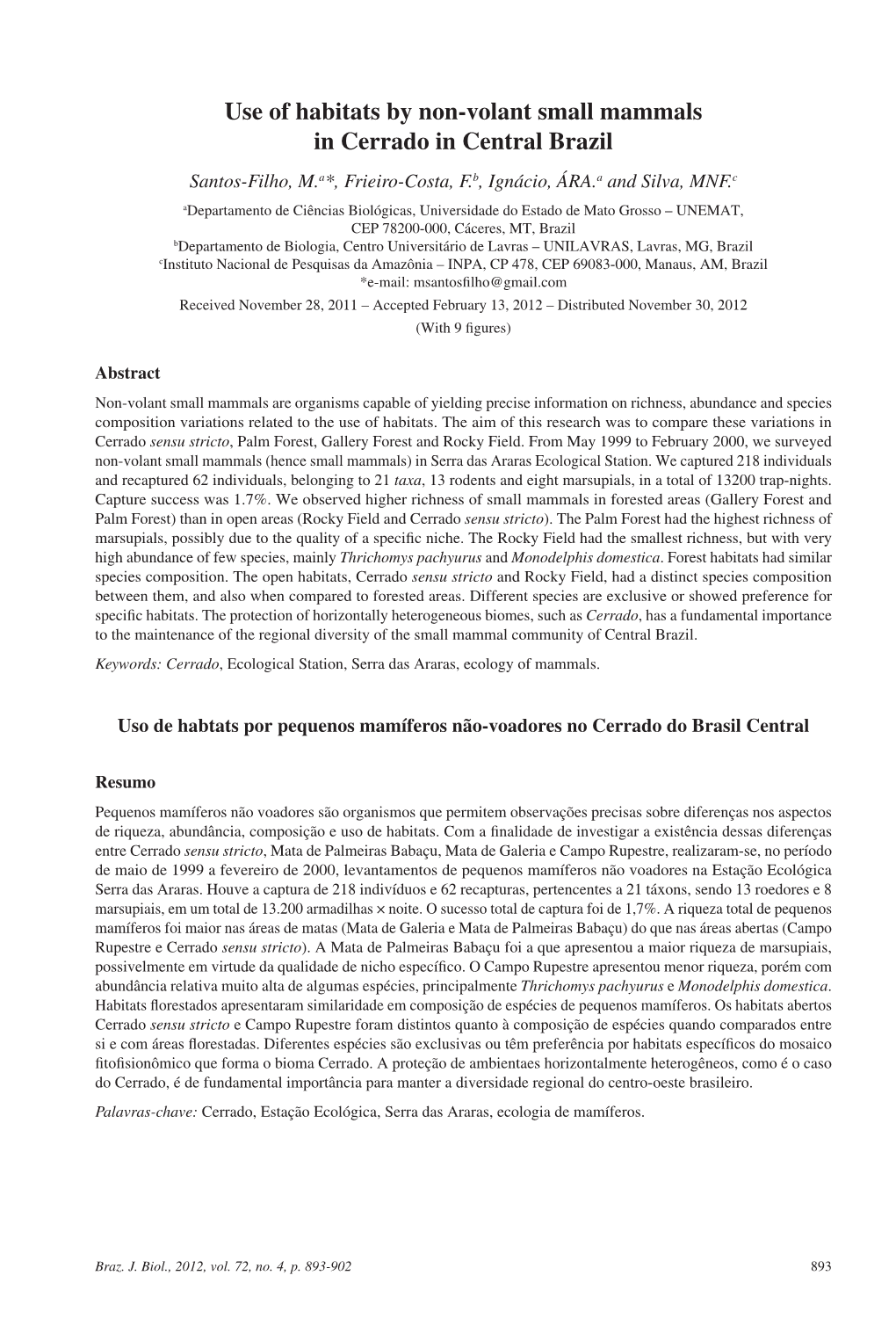 Use of Habitats by Non-Volant Small Mammals in Cerrado in Central Brazil