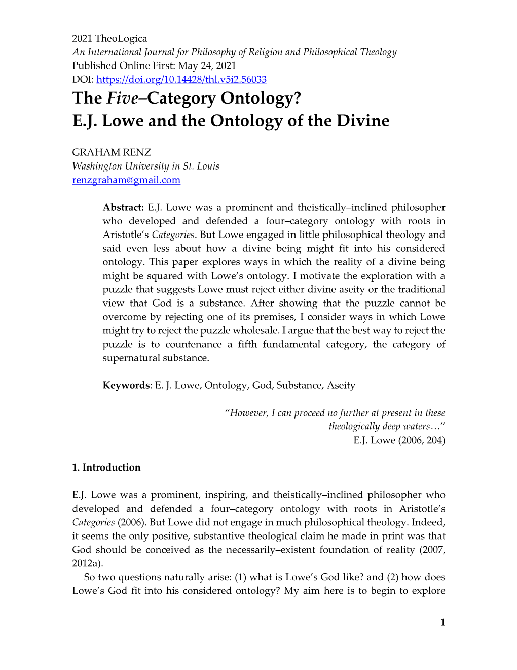 EJ Lowe and the Ontology of the Divine