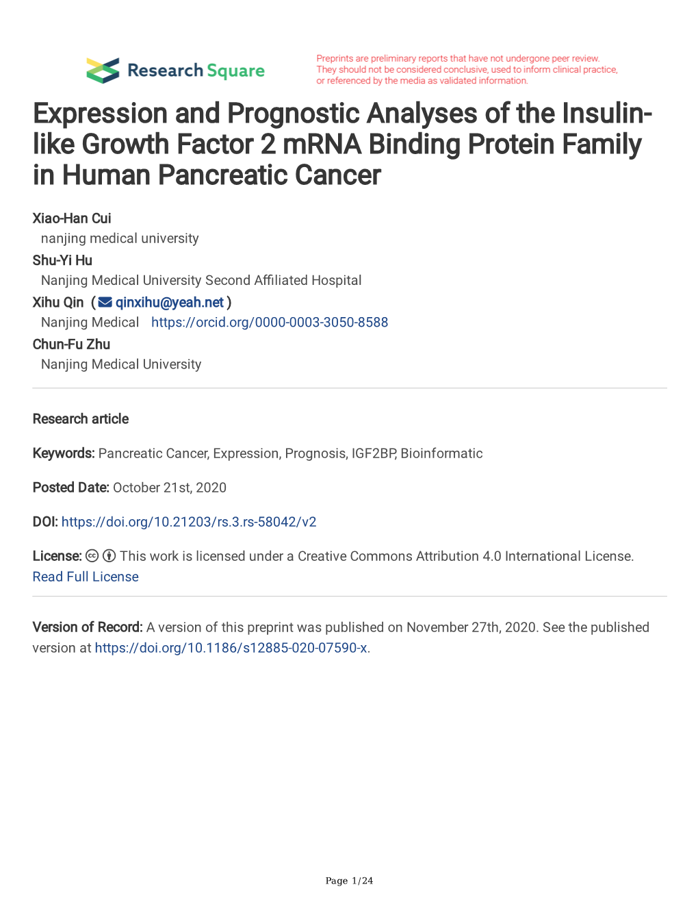 Expression and Prognostic Analyses of the Insulin- Like Growth Factor 2 Mrna Binding Protein Family in Human Pancreatic Cancer