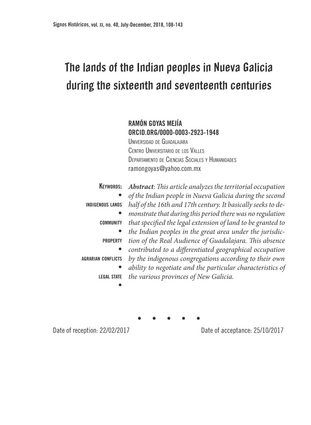 The Lands of the Indian Peoples in Nueva Galicia During the Sixteenth and Seventeenth Centuries