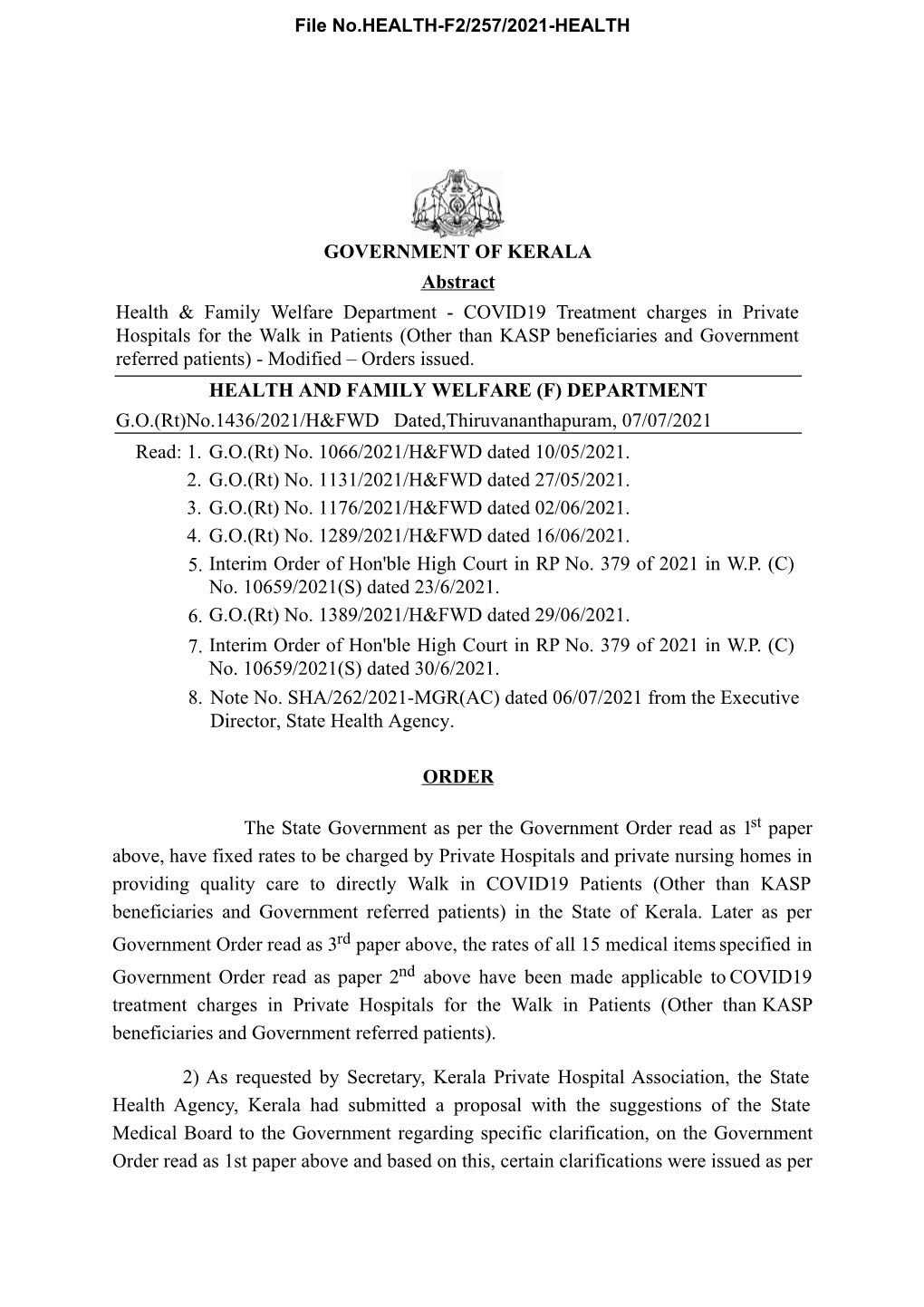 COVID19 Treatment Charges in Private Hospitals for the Walk in Patients (Other Than KASP Beneficiaries and Government Referred Patients) - Modified – Orders Issued