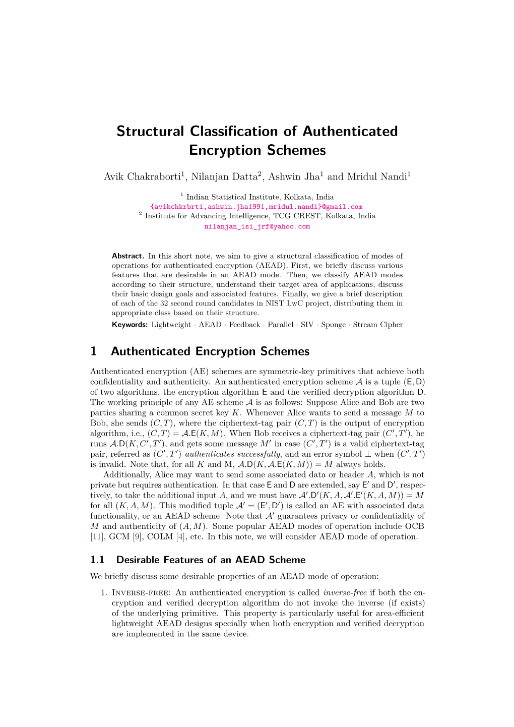 Structural Classification of Authenticated Encryption Schemes