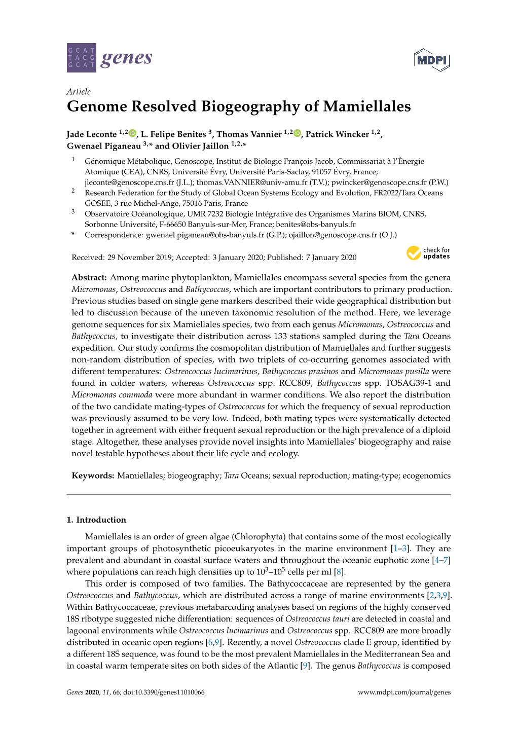 Genome Resolved Biogeography of Mamiellales