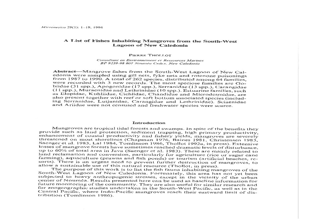 A List of Fishes Inhabiting Mangroves from the South-West Lagoon Of