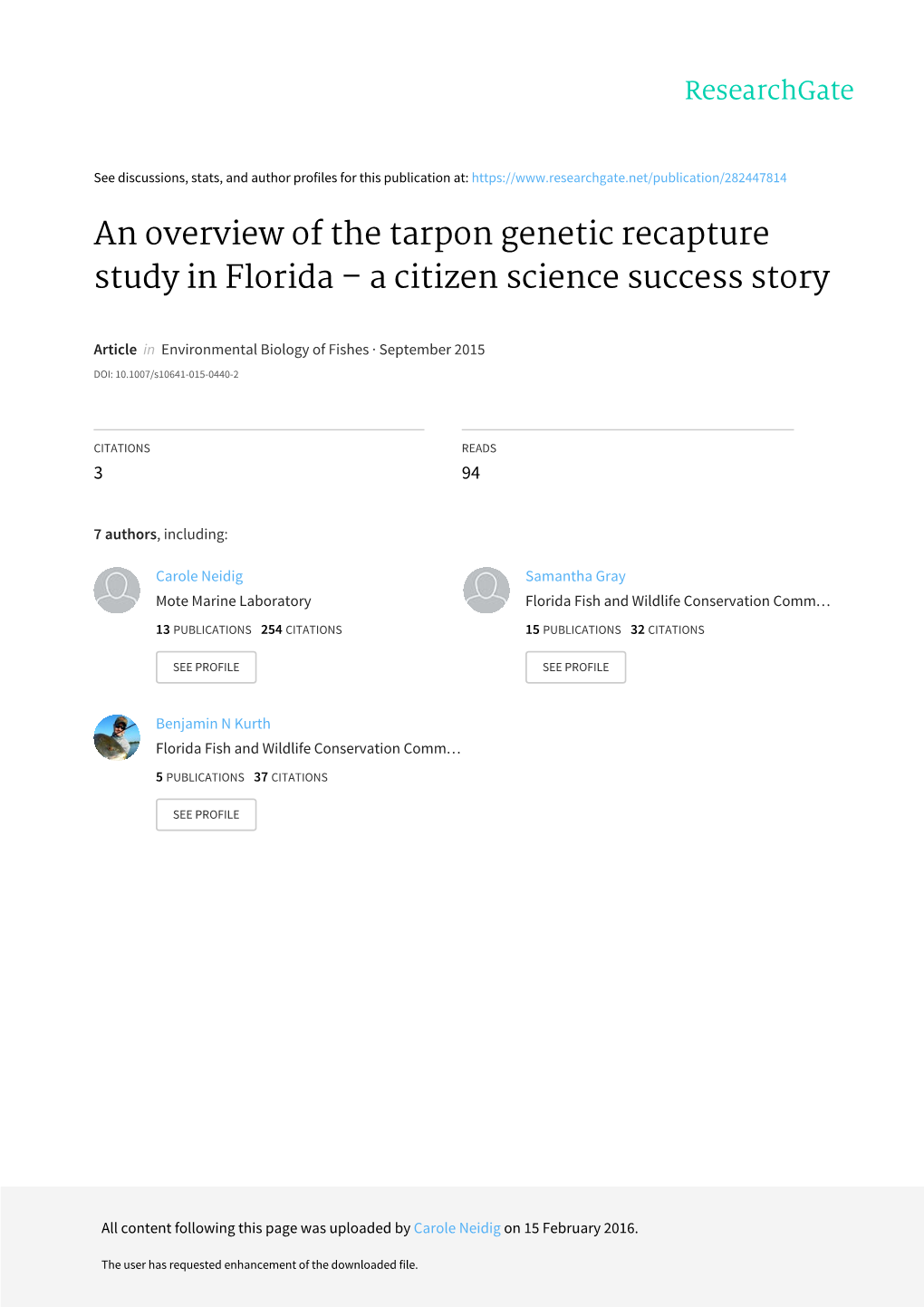 An Overview of the Tarpon Genetic Recapture Study in Florida – a Citizen Science Success Story