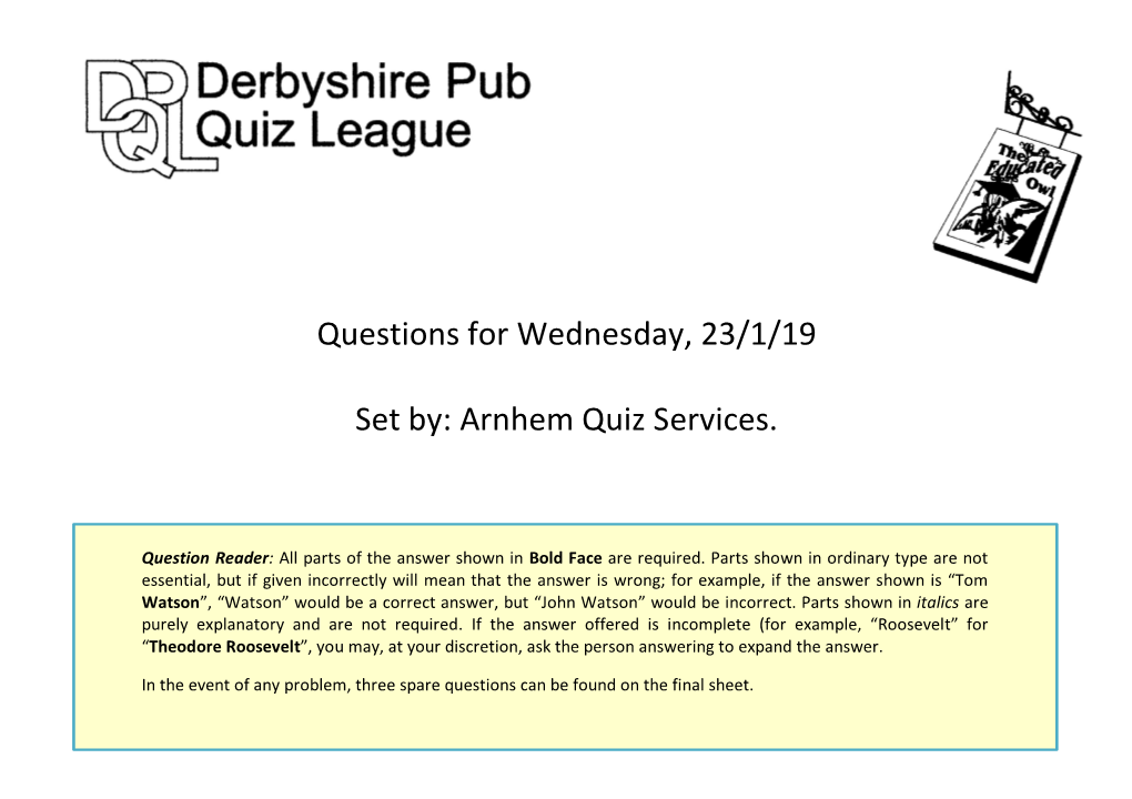 Questions for Wednesday, 23/1/19 Set By