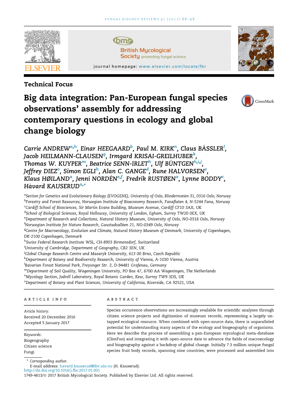 Pan-European Fungal Species Observations' Assembly for Addressing Contemporary Questions in Ecology