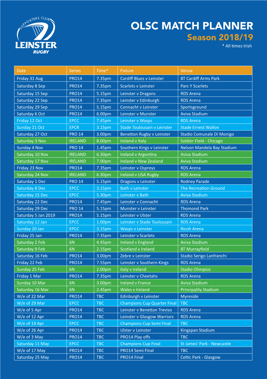 OLSC MATCH PLANNER Season 2018/19 * All Times Irish