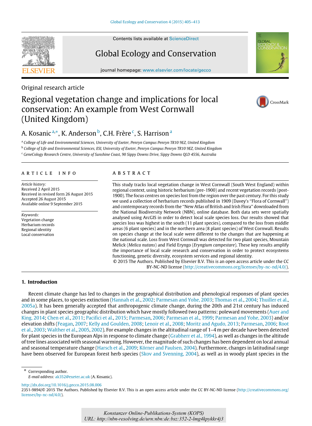 Regional Vegetation Change and Implications for Local Conservation : an Example from West Cornwall (United Kingdom)