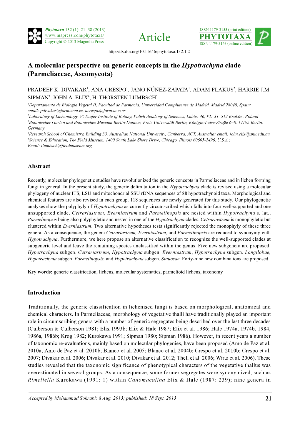 A Molecular Perspective on Generic Concepts in the Hypotrachyna Clade (Parmeliaceae, Ascomycota)