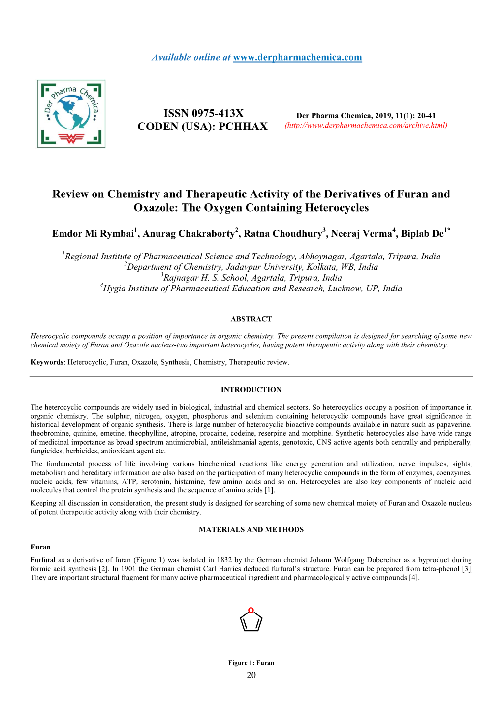 Review on Chemistry and Therapeutic Activity of the Derivatives of Furan and Oxazole: the Oxygen Containing Heterocycles