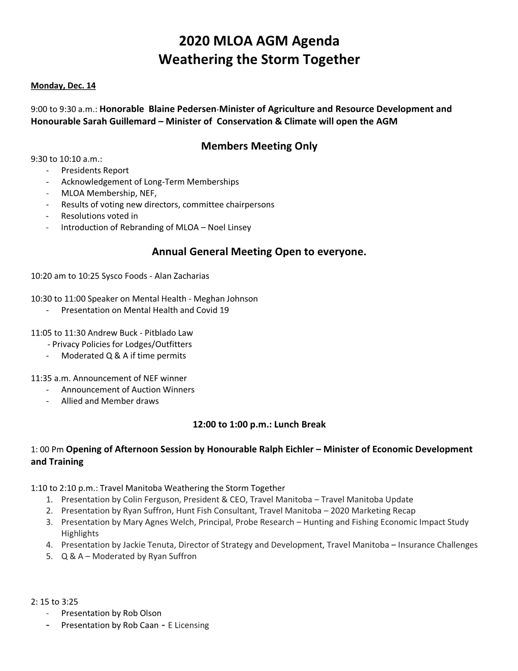 2020 MLOA AGM Agenda Weathering the Storm Together