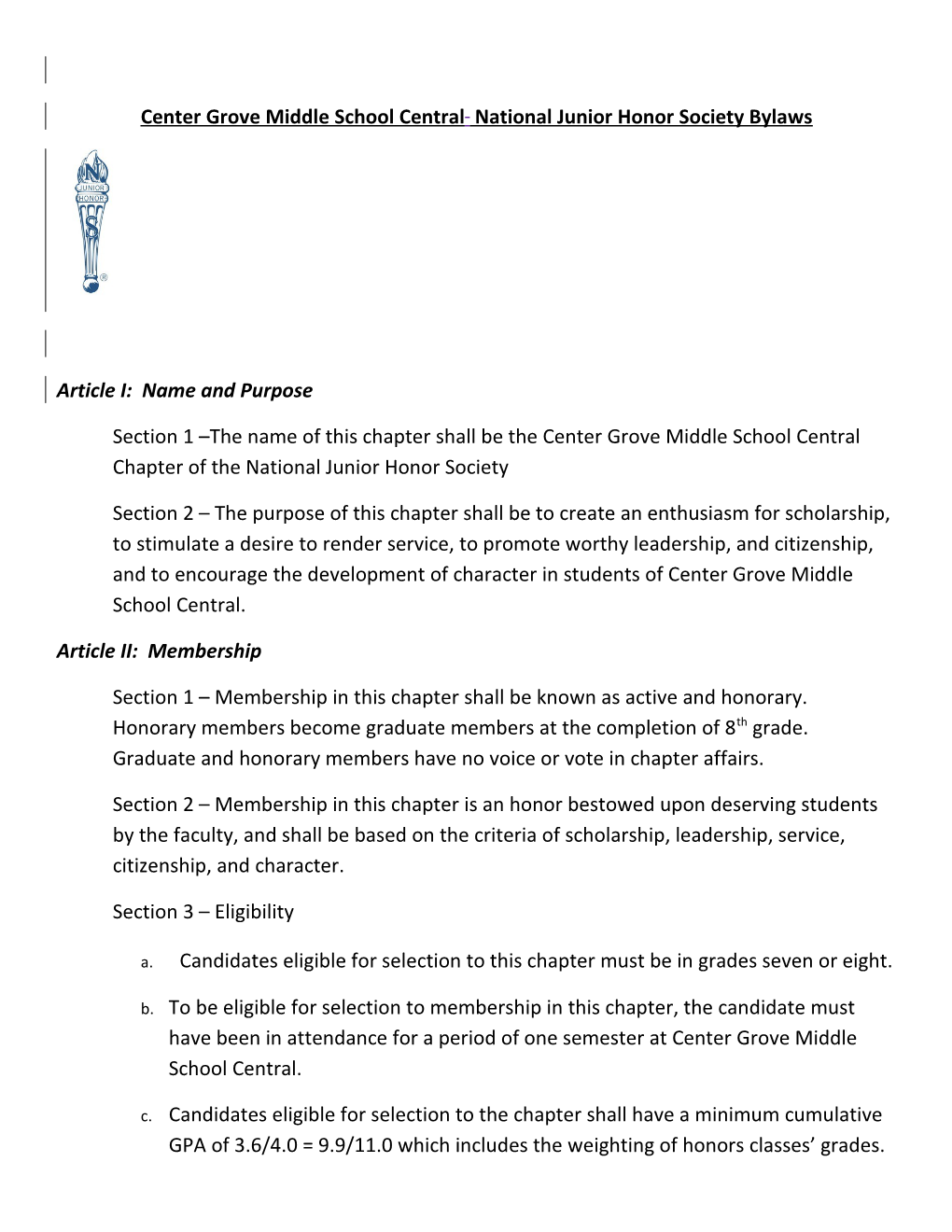 Center Grove Middle School Central National Junior Honor Society Bylaws