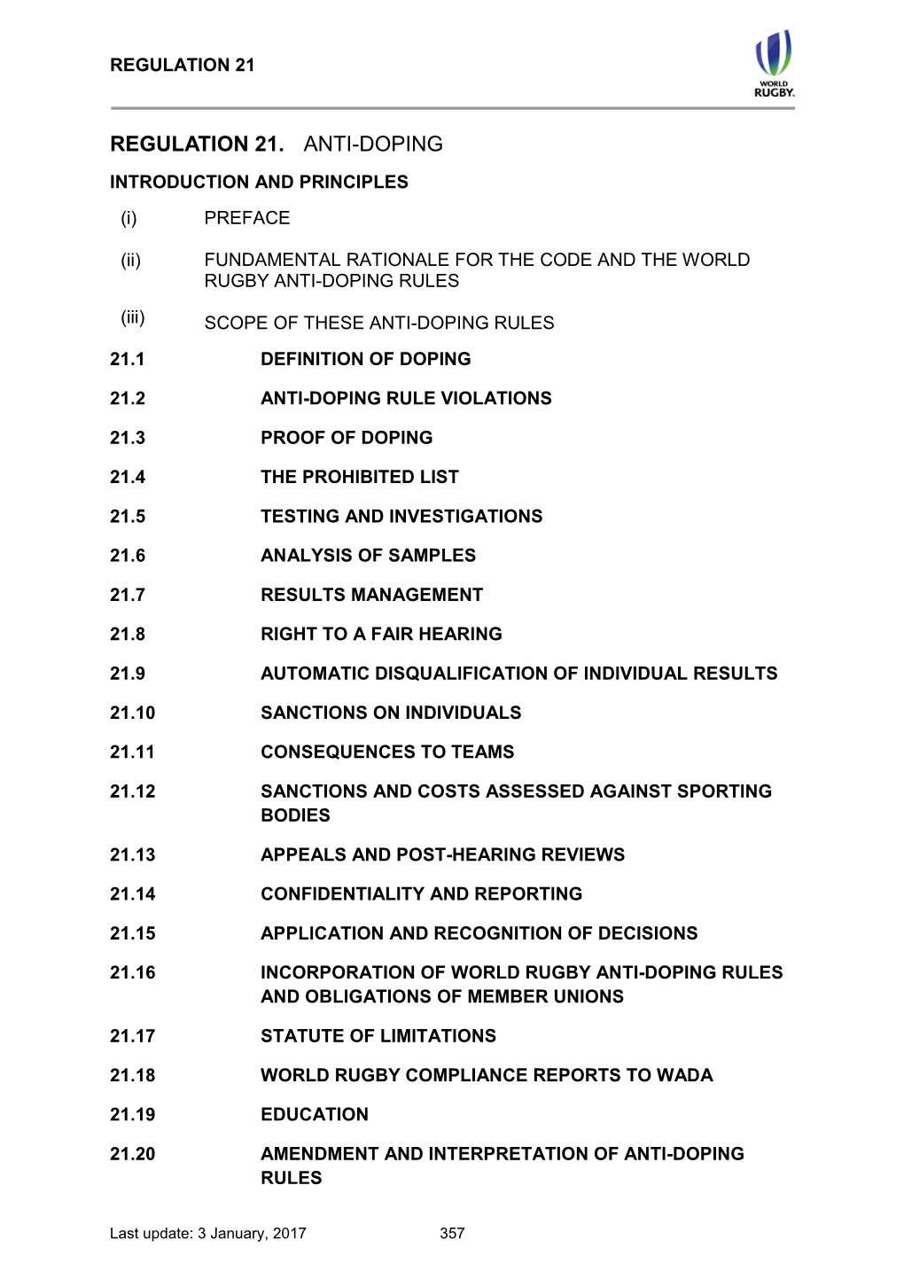 REGULATION 21. ANTI-DOPING INTRODUCTION and PRINCIPLES (I) PREFACE