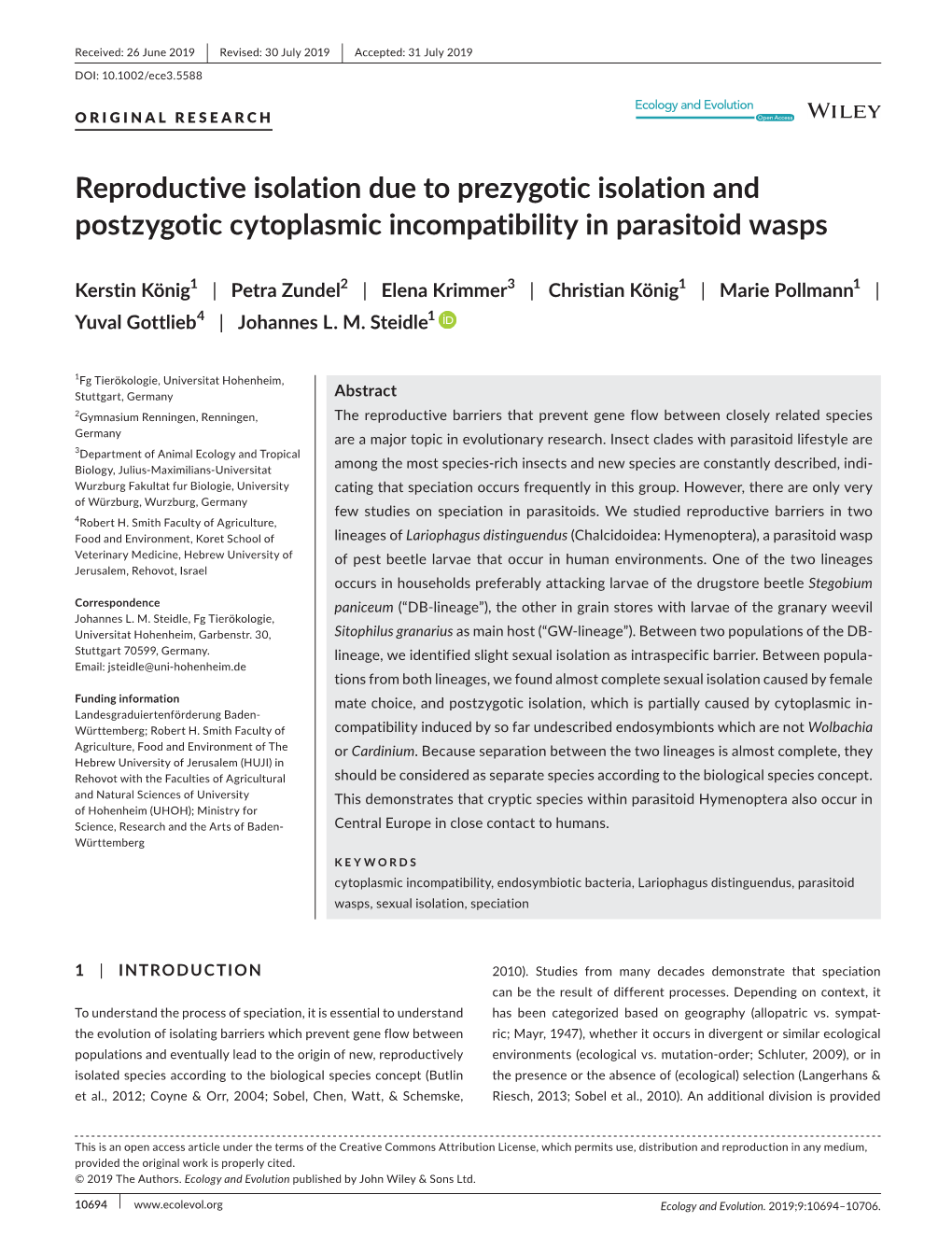 Reproductive Isolation Due to Prezygotic Isolation and Postzygotic Cytoplasmic Incompatibility in Parasitoid Wasps