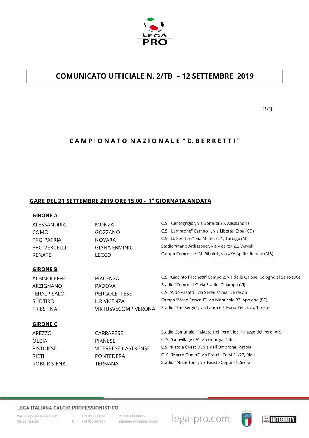 Comunicato Ufficiale N. 2/Tb – 12 Settembre 2019