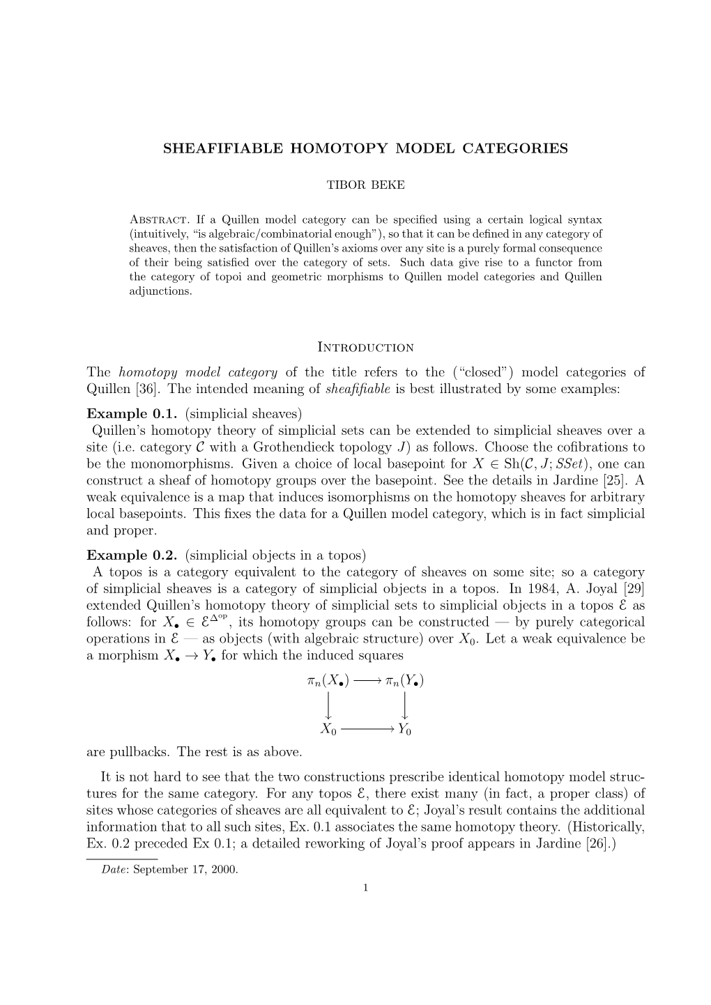 SHEAFIFIABLE HOMOTOPY MODEL CATEGORIES Introduction The