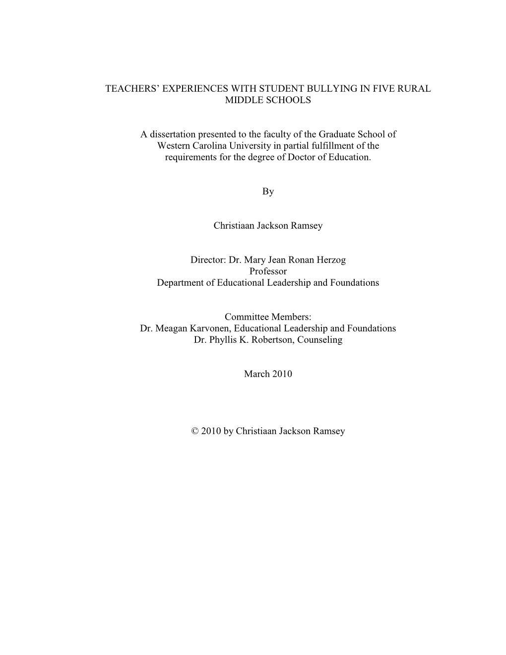 Teachers' Experiences with Student Bullying in Five Rural Middle Schools