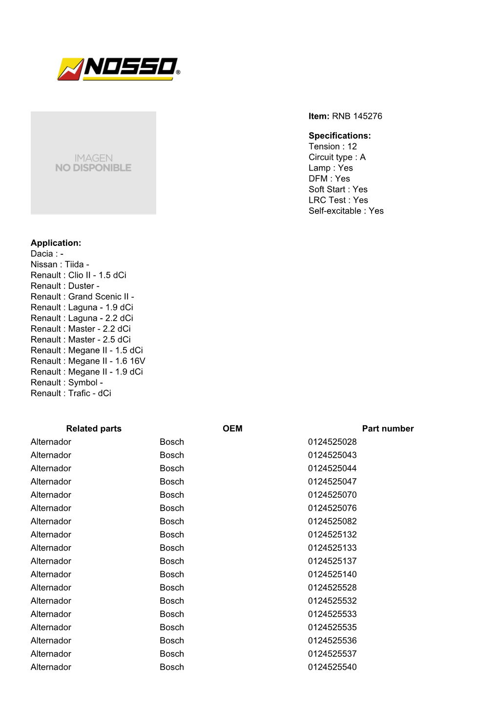 RNB 145276 Specifications