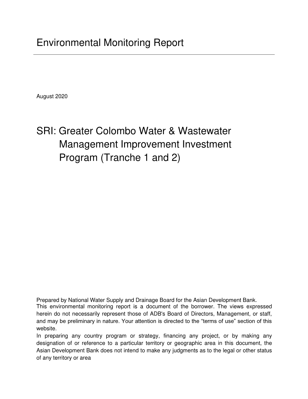 Environmental Monitoring Report SRI: Greater Colombo Water