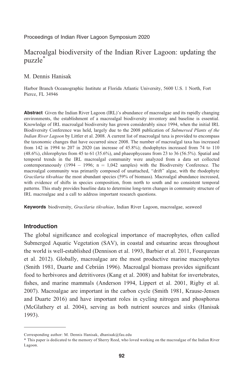 Macroalgal Biodiversity of the Indian River Lagoon: Updating the Puzzle*