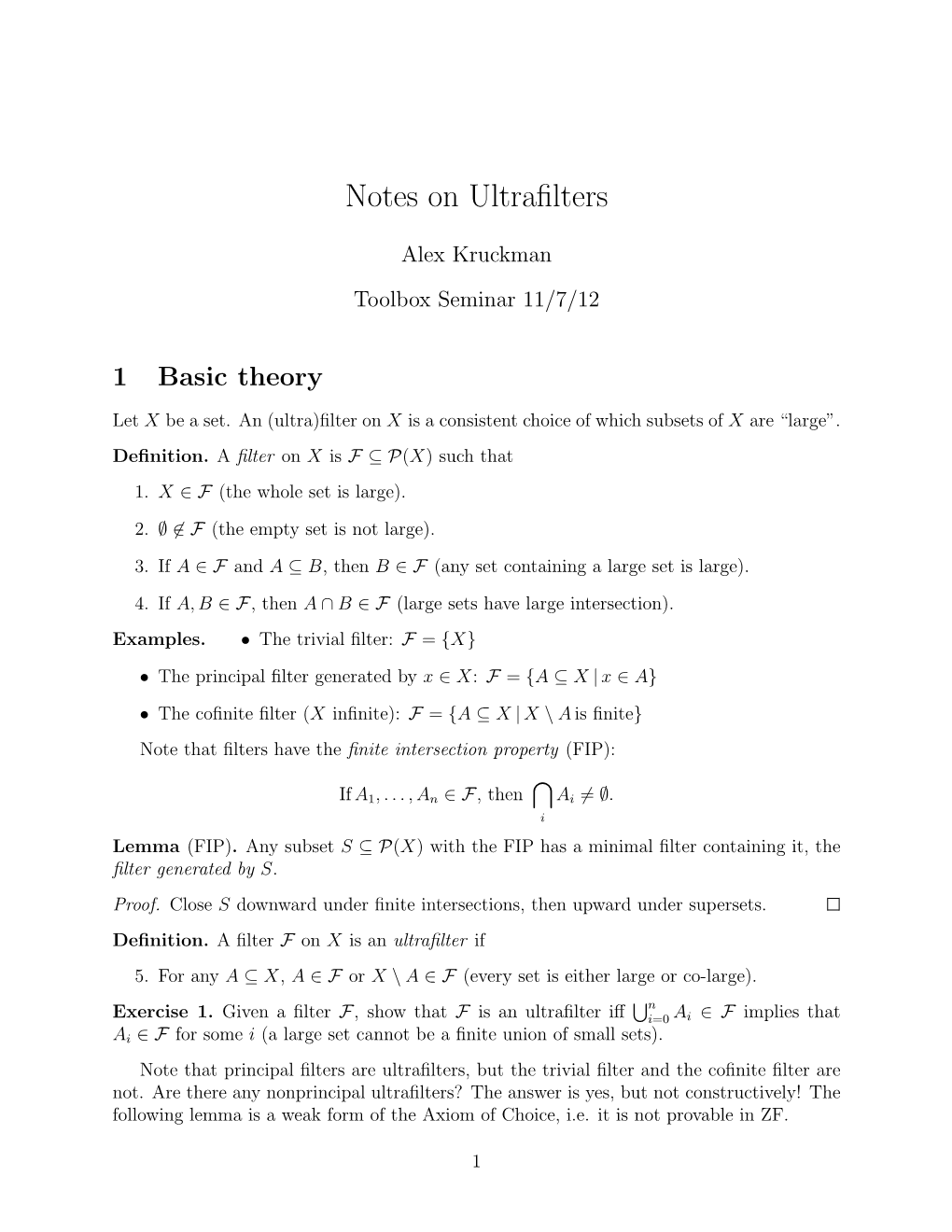 Notes on Ultrafilters