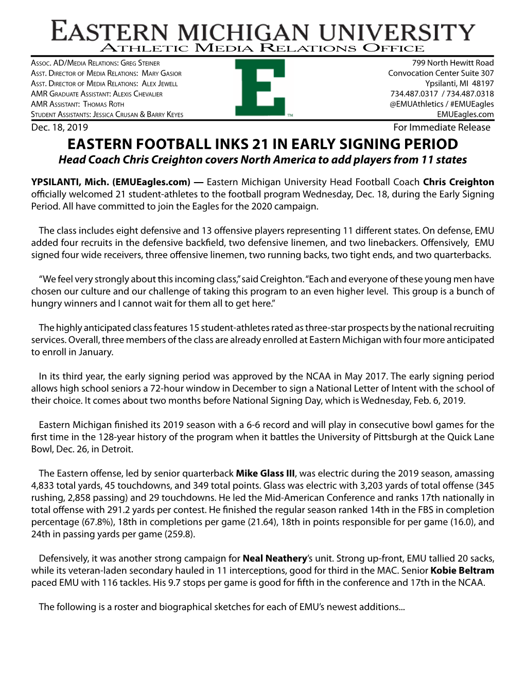 EASTERN FOOTBALL INKS 21 in EARLY SIGNING PERIOD Head Coach Chris Creighton Covers North America to Add Players from 11 States