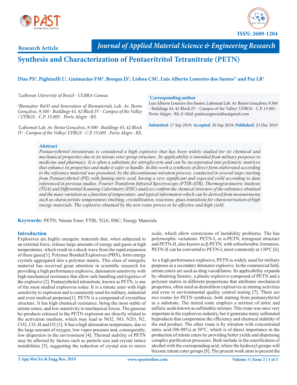 Synthesis and Characterization of Pentaeritritol Tetranitrate (PETN)