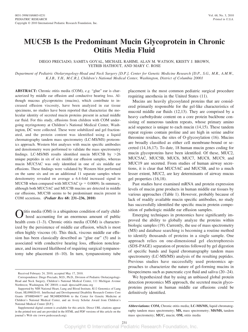 MUC5B Is the Predominant Mucin Glycoprotein in Chronic Otitis Media Fluid