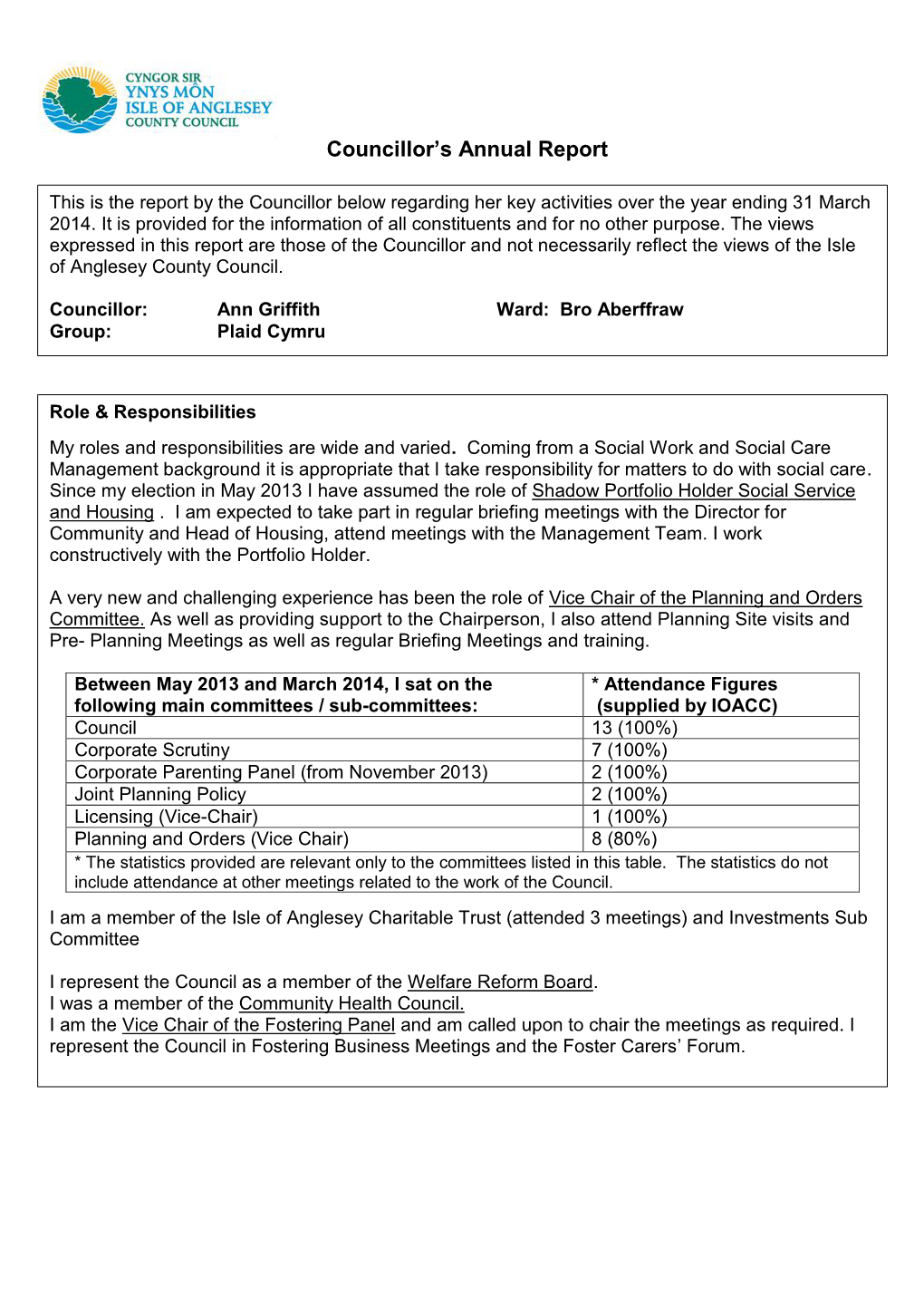 Councillor's Annual Report