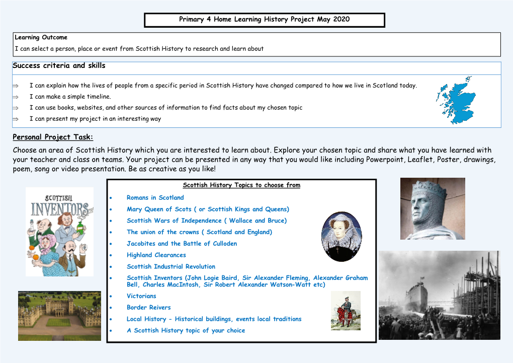 Success Criteria and Skills Personal Project Task: Choose an Area Of