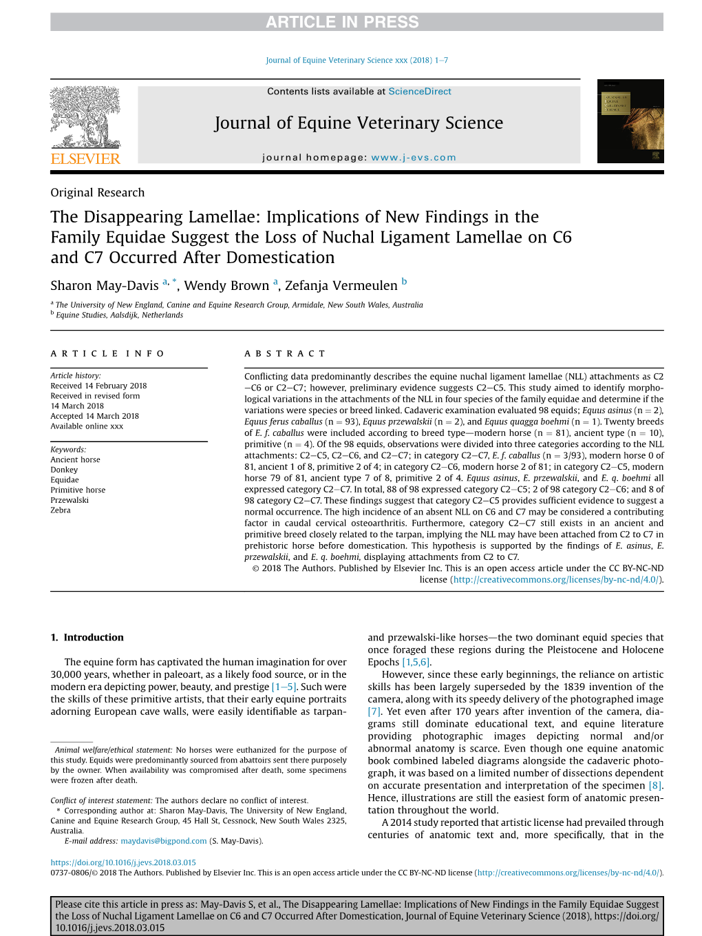 Implications of New Findings in the Family Equidae Suggest the Loss of Nuchal Ligament Lamellae on C6 and C7 Occurred After Domestication