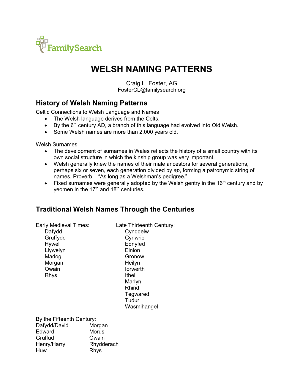 Welsh Naming Patterns